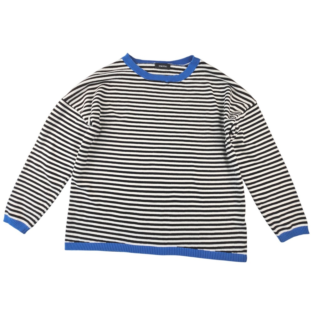 Dokotoo Black White Striped Cotton Knit Sweater Blue Trim Crewneck Womens Medium